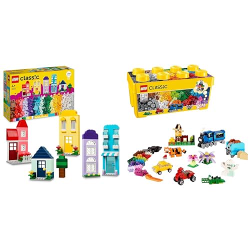 LEGO Classic Kreative Häuser, Bausteine-Set für Kinder, Konstruktionsspielzeug mit 850 Steinen & Classic Mittelgroße Bausteine-Box, Konstruktionsspielzeug für Mädchen und Jungen von LEGO