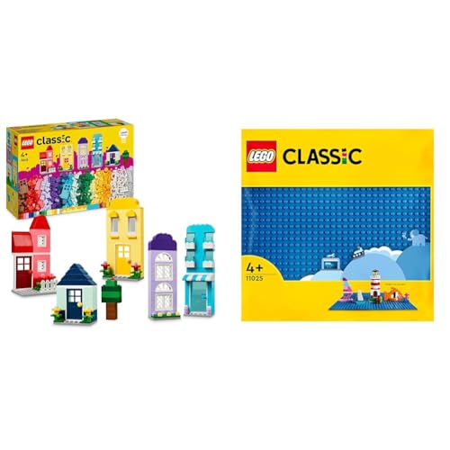 LEGO Classic Kreative Häuser, Bausteine-Set für Kinder, Konstruktionsspielzeug & Classic Blaue Bauplatte, quadratische Grundplatte mit 32x32 Noppen von LEGO