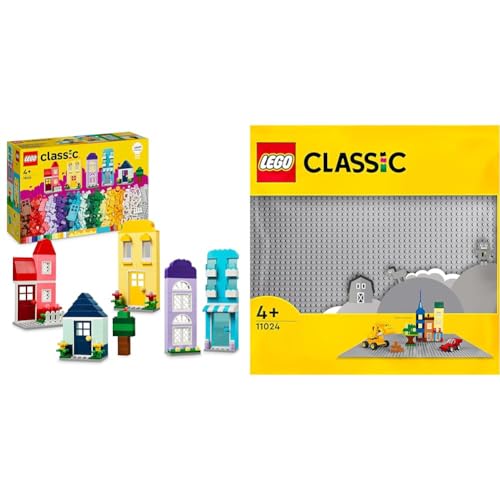 LEGO Classic Kreative Häuser, Bausteine-Set für Kinder, Konstruktionsspielzeug & Classic Graue Bauplatte, quadratische Grundplatte mit 48x48 Noppen von LEGO