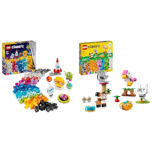 LEGO Classic Kreative Weltraumplaneten, baubares Sonnensystem-Modell & Classic Kreative Tiere, Box mit bunten Steinen, Baue Spielzeug-Tierfiguren von LEGO