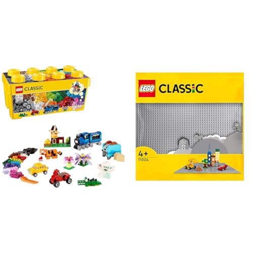 LEGO Classic Mittelgroße Bausteine-Box, Konstruktionsspielzeug & Classic Graue Bauplatte, quadratische Grundplatte mit 48x48 Noppen als Basis für Konstruktionen und für weitere Sets 11024 von LEGO