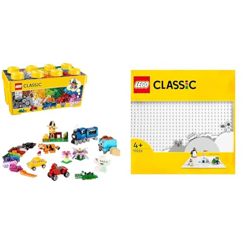 LEGO Classic Mittelgroße Bausteine-Box, Konstruktionsspielzeug & Classic Weiße Bauplatte, quadratische Grundplatte mit 32x32 Noppen als Basis Sets, Konstruktionsspielzeug 11026 von LEGO