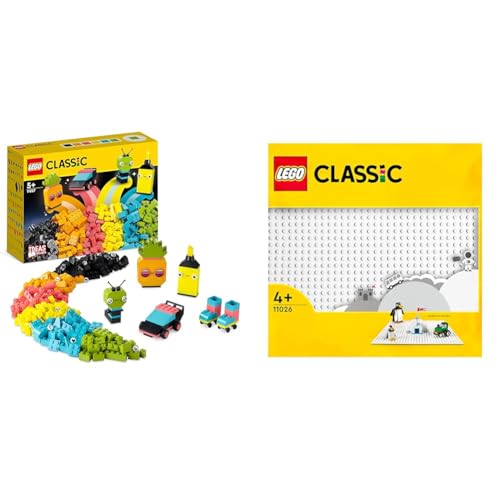 LEGO Classic Neon Kreativ-Bauset, Bausteine-Kiste Set & Classic Weiße Bauplatte, quadratische Grundplatte mit 32x32 Noppen als Basis Sets, Konstruktionsspielzeug 11026 von LEGO