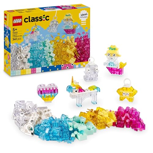 LEGO Classic Zauberbox mit durchsichtigen Steinen - Farbenfrohe Bausteine und Aufhängersteine - Einhorn, Drache, Pinguin und weitere Figuren - Bastelset für Mädchen & Jungen ab 5 Jahren 11040 von LEGO