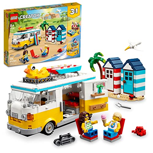 LEGO Creator 3 in 1 Bausatz für Wohnmobil Eisdiele Strandhaus, tolles Geschenk für Surfer, Jungen und Mädchen, Strandsimulationsspiel, 31138 von LEGO