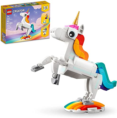 LEGO Creator 3 in 1 Magisches Einhorn Spielzeug, Verwandelt von Einhorn zu Seepferdchen zu Pfau, Regenbogen Tierfiguren Einhorn Geschenk für Enkelkinder Mädchen Jungen Spielzeug zum Zusammenbauen von LEGO