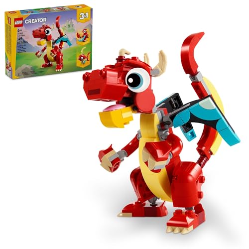 LEGO Creator 3 in 1 Roter Drache Spielzeug, Verwandelt Sich vom Drachenspielzeug zum Fischspielzeug zu Phönix-Spielzeug, Geschenkidee für Jungen und Mädchen ab 6 Jahren, Tierspielzeug-Set für Kinder, von LEGO