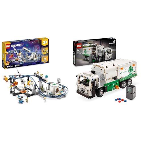 LEGO Creator 3-in-1 Weltraum-Achterbahn, Bausatz Einer Spielzeug-Kirmes mit funktionierenden Wägen & Technic Mack LR Electric Müllwagen, Müllauto-Modell für Recycling-Rollenspiele von LEGO