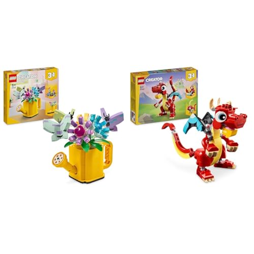 LEGO Creator 3in1 Gießkanne mit Blumen Set, Kinderzimmer-Deko & Creator 3in1 Roter Drache, Spielzeug mit 3 Tierfiguren inkl. Roter Drache von LEGO