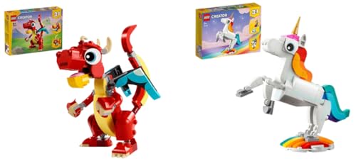 LEGO Creator 3in1 Roter Drache, Spielzeug mit 3 Tierfiguren inkl. Roter Drache & Creator 3in1 Magisches Einhorn Spielzeug, Seepferdchen, Pfau, Regenbogen-Einhorn-Tierfiguren von LEGO