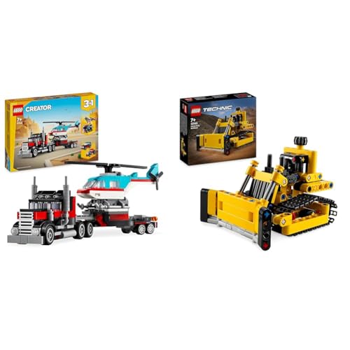 LEGO Creator 3in1 Tieflader mit Hubschrauber, Fahrzeuge-Set & Technic Schwerlast Bulldozer, Spielzeug-Planierraupe zum Bauen von LEGO