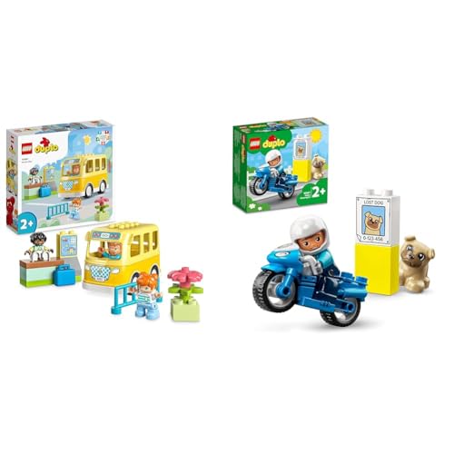 LEGO DUPLO Die Busfahrt Set, Bus-Spielzeug zum Aufbau sozialer Fähigkeiten & DUPLO Polizeimotorrad, Polizei-Spielzeug für Kleinkinder ab 2 Jahre von LEGO