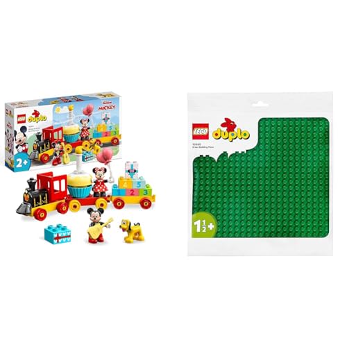 LEGO DUPLO Disney Mickys und Minnies Geburtstagszug, Zug-Spielzeug & DUPLO Bauplatte in Grün, Grundplatte für DUPLO Sets, Konstruktionsspielzeug für Kleinkinder 10980 von LEGO