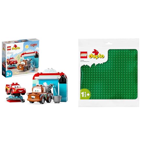 LEGO DUPLO Disney and Pixar's Cars Lightning McQueen & Mater in der Waschanlage Spielzeugautos & DUPLO Bauplatte in Grün, Grundplatte für DUPLO Sets, Konstruktionsspielzeug für Kleinkinder 10980 von LEGO