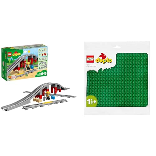 LEGO DUPLO Eisenbahnbrücke und Schienen-Set & DUPLO Bauplatte in Grün, Grundplatte für DUPLO Sets, Konstruktionsspielzeug für Kleinkinder 10980 von LEGO