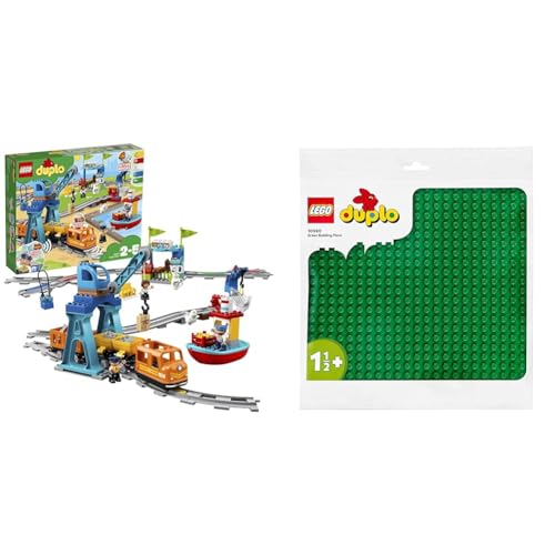 LEGO DUPLO Güterzug, „Push & Go“-Lok mit Lichtern und Geräuschen & DUPLO Bauplatte in Grün, Grundplatte für DUPLO Sets, Konstruktionsspielzeug für Kleinkinder 10980 von LEGO