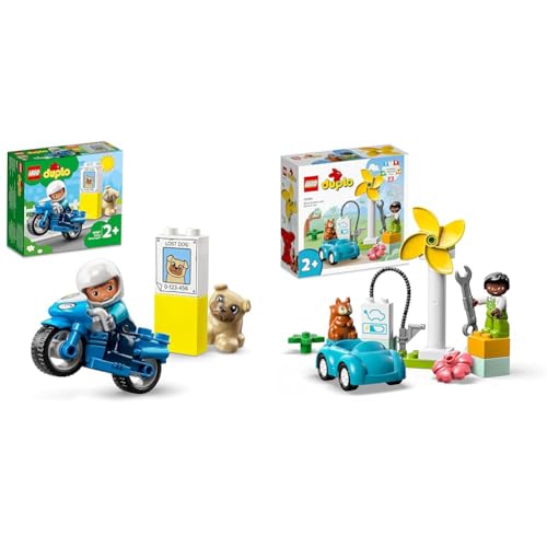 LEGO DUPLO Polizeimotorrad, Polizei-Spielzeug für Kleinkinder ab 2 Jahre & DUPLO Town Windrad und Elektroauto, Spielzeugauto-Lernspielzeug von LEGO