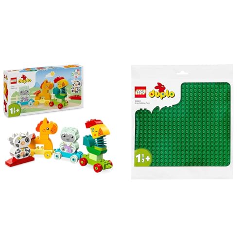 LEGO DUPLO Tierzug, Zug-Spielzeug mit Rädern, kreative Tierfiguren & DUPLO Bauplatte in Grün, Grundplatte für DUPLO Sets, Konstruktionsspielzeug für Kleinkinder 10980 von LEGO