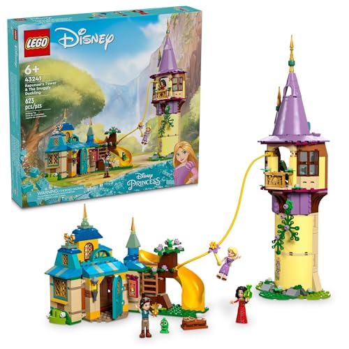 LEGO Disney Prinzessin Rapunzels Turm & Das kuschelige Entlein Verheddertes Bauspielzeug mit Flynn Reiter und Mutter Gothel Minipuppen, Disney Princess Spielzeug, lustiges Geschenk für Mädchen und von LEGO