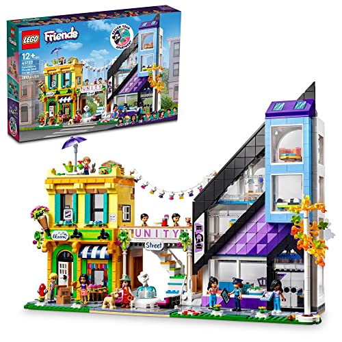 LEGO Friends Downtown Flower and Design Stores 41732, baubares Spielzeug-Set mit Wohnung und Geschäften, Modell zum Anpassen, Dekorieren und Ausstellen, inkl. 9 Zeichen, ab 12 Jahren von LEGO