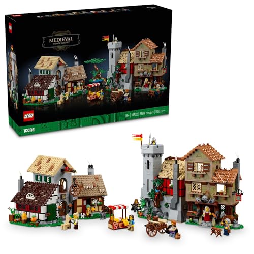 LEGO Icons 10332 Mittelalterlicher Stadtplatz, BAU- und Ausstellungsmodell, klassisches Schloss-Set mit 8 mittelalterlichen Minifiguren, Erkunden Sie das mittelalterliche Dorf Felsa in diesem Bauset von LEGO