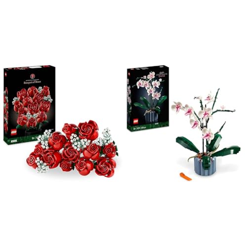 LEGO Icons Rosenstrauß, künstliche Blumen als Zimmer-Deko & Icons Orchidee, Künstliche Pflanzen Set mit Blumen, Modellbausatz für Erwachsene von LEGO