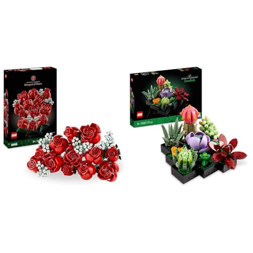 LEGO Icons Succulents Kunstpflanzen-Set 10309 + Rosenstrauß 10328, Kunstblumen-Set für Erwachsene, Botanische Sammlung, Wohnaccessoires, Geschenke für Frauen, Männer, Sie oder Ihn, entspannende Aktivi von LEGO