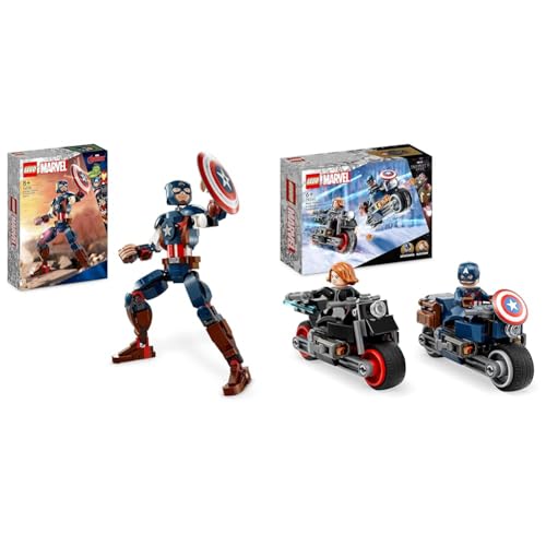 LEGO Marvel Captain America Baufigur, Superheld mit Schild, Avengers BAU-Spielzeug & Marvel Captain America & Black Widow Motorräder von LEGO