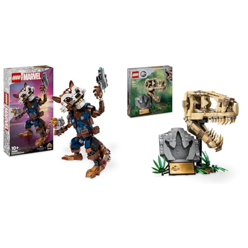 LEGO Marvel Rocket & Baby Groot, baubares Superhelden-Spielzeug & Jurassic World Dinosaurier-Fossilien: T.-rex-Kopf, Dinosaurier-Spielzeug von LEGO