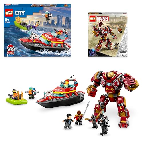 LEGO Helden-Bundle: Marvel Der Hulkbuster: Der Kampf von Wakanda (76247) & City Feuerwehrboot (60373), Avengers Actionfigur und schwimmende Spielzeug-Boote, Geschenk für Jungen & Mädchen ab 5 Jahren von LEGO