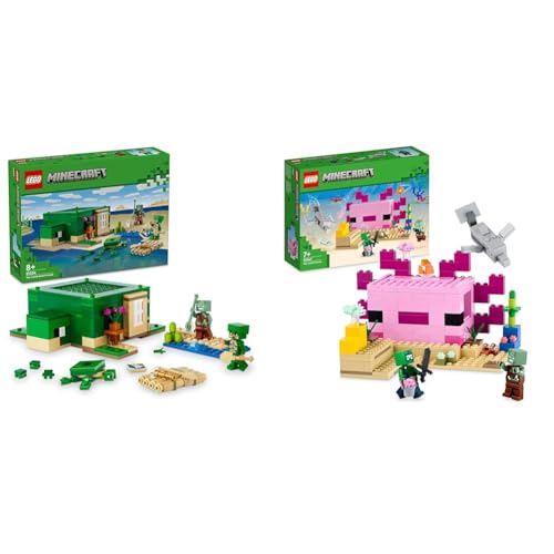 LEGO Minecraft Das Schildkrötenstrandhaus, Spielzeug-Haus mit Zubehör & Minecraft Das Axolotl-Haus Set, baubare rosa Unterwasserbasis mit Taucherforscher von LEGO