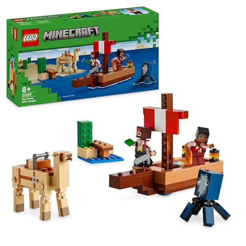 LEGO Minecraft Die Piratenschiffreise, Spielzeug-Schiff mit Piratenfiguren, Tintenfisch und Kamel, Bauspielzeug für Rollenspiele, Geschenk für Jungen und Mädchen ab 8 Jahren 21259 von LEGO