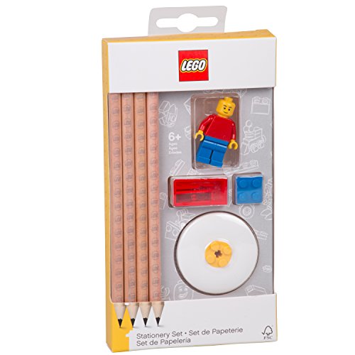 Lego Bleistifte Schreibwaren Set mit Minifigur - 4 Bleistifte, 1 Bleistiftaufsatz, 1 Bleistiftspitzer, 1 Radiergummi Kinder, Schulschreibset, Lego schulsachen Geschenk - ab 6 Jahren von IQ