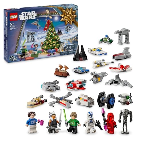 LEGO Star Wars Adventskalender 2024, 18 Mini-Modelle und 6 Charaktere zum Sammeln, Vorweihnachtsgeschenk für Jungen, Mädchen und alle Fans ab 6 Jahren, Bauspielzeug mit Minifiguren 75395 von LEGO