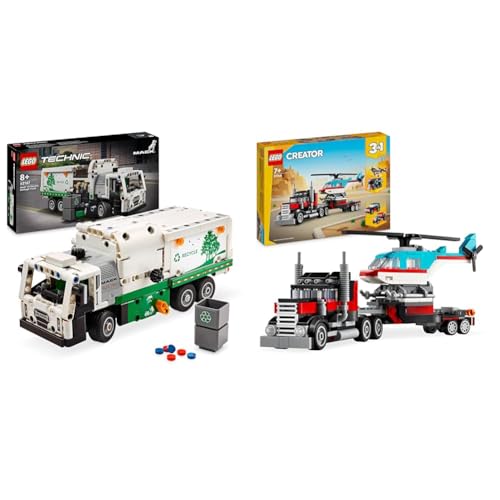 LEGO Technic Mack LR Electric Müllwagen, Müllauto-Modell für Recycling-Rollenspiele & Creator 3in1 Tieflader mit Hubschrauber, Fahrzeuge-Set mit Helikopter- und LKW-Spielzeug von LEGO