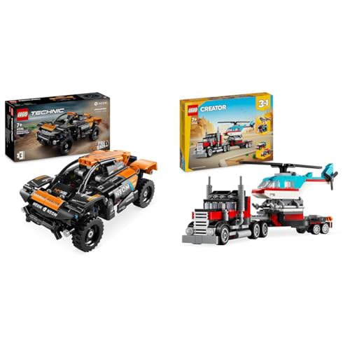 LEGO Technic NEOM McLaren Extreme E Race Car Set, Auto-Spielzeug mit Rückziehmotor & Creator 3in1 Tieflader mit Hubschrauber, Fahrzeuge-Set mit Helikopter- und LKW-Spielzeug von LEGO