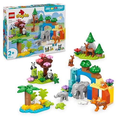 LEGO DUPLO Town Wildtier-Familien 3-in-1-Set, Lernspielzeug für Kleinkinder mit Schildkröten, Tigern, Elefanten, Rehen, Pandas, Set für Vorschulkinder ab 2 Jahren, Bauspielzeug mit Tierfiguren 10446 von LEGO