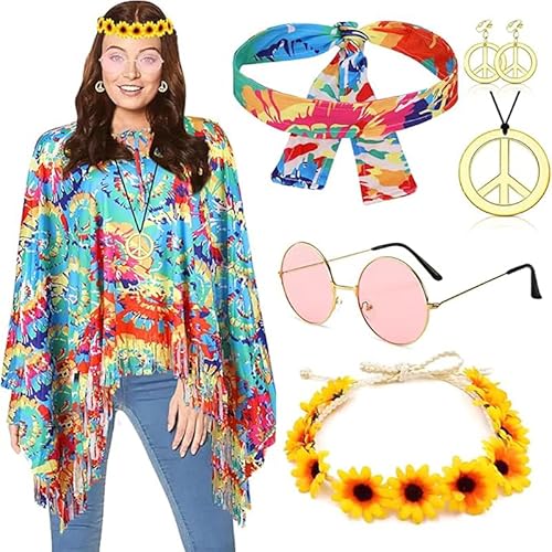 LEGQYJK Hippiese Kostüm Damen, Karnevals Hippiekostüm, 60er 70 Jahres Bekleidungs mit Hippieponcho und Hippieaccessoires, Faschingskostüme, Hippiekleidung Faschings Karnevalskostüm von LEGQYJK