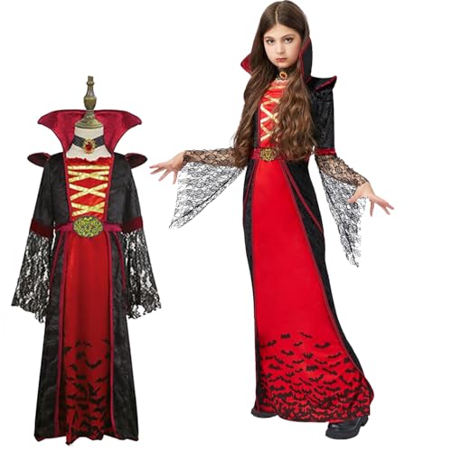 LEGQYJK Vampirs Kostüm Mädchen, Halloweens Kostüm Vampirin Mädchen, Halloweens gotisch Viktorianische Vampirin Kostüm, Vampirs Kostüm Kinder, Vampirkostüm für Halloweens Carnivals Vampiretheme(L) von LEGQYJK