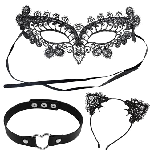 LEIBOCHAO 3 Stück Katzenkostüm Damen, Cat Maske Schwarze Maskerade Maske für Frauen, Katzenohren Stirnband mit Herz Choker, Tier Kostüm Set Halloween Karneval Cosplay Party von LEIBOCHAO