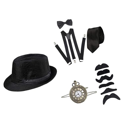 LEIDJGUN 1920er Herren Kostüm Roaring 20s Kostüme Outfit Mit 20S Fedoras Taschenuhr Hosenträger Vorgebundenes Bowtie Krawatte Bart Bart von LEIDJGUN