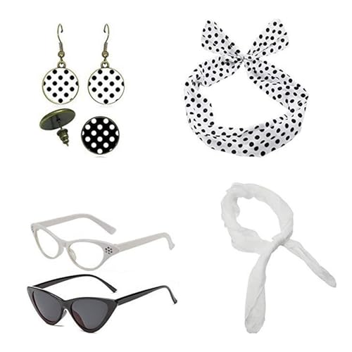 LEIDJGUN 50er-Jahre-Kostüm-Zubehör-Set für Damen, gepunktet, Schal, Katzen, Augen, Brille, Bandana, Krawatte, Stirnband, Ohrringe, Partyzubehör von LEIDJGUN