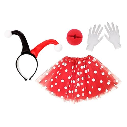 LEIDJGUN Clown-Kostüm-Set, Clownshut, Clownnnase, Clown-Haarreif, Rock und Handschuh, Clown-Kostüm, Outfits für Damen, Halloween, Cosplay von LEIDJGUN