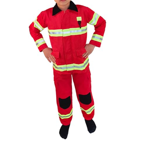 LEIDJGUN Feuerwehrmann-Kostüm für Kinder, inklusive Mantel und Hose, Halloween, Cosplay, Feuerwehrmann-Kostüm für Kinder, Jungen, Mädchen im Alter von 6–10 Jahren von LEIDJGUN