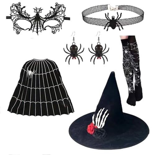 LEIDJGUN Halloween-Hexen-Kostüm, enthält Hexenumhang, Hexenhut, Augenmaske, Halskette, Ohrringe und Strumpf für Cosplay von LEIDJGUN