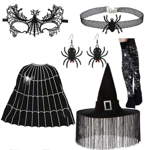 LEIDJGUN Halloween-Hexen-Kostüm, enthält Hexenumhang, Hexenhut, Augenmaske, Halskette, Ohrringe und Strumpf für Cosplay von LEIDJGUN