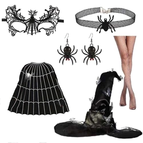 LEIDJGUN Halloween-Hexen-Kostüm, enthält Hexenumhang, Hexenhut, Augenmaske, Halskette, Ohrringe und Strumpf für Cosplay von LEIDJGUN