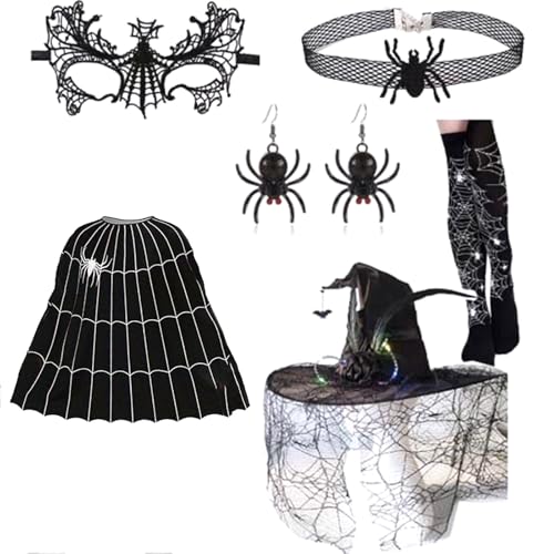 LEIDJGUN Halloween-Hexen-Kostüm, enthält Hexenumhang, Hexenhut, Augenmaske, Halskette, Ohrringe und Strumpf für Cosplay von LEIDJGUN