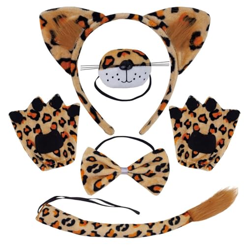 LEIDJGUN Leoparden-Kostüm-Set, Leopardenohren, Schwanz, Schleifen, Nase, Handschuh, Tierkostüm, Zubehör, Kinder, Halloween, Cosplays, Requisiten von LEIDJGUN