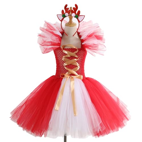 LEIDJGUN Mädchen Weihnachtskleid Kostüm Mit Prinzessin Kleid Stirnband Weihnachtsparty Outfit Für 2-12 Weihnachts Halloween von LEIDJGUN